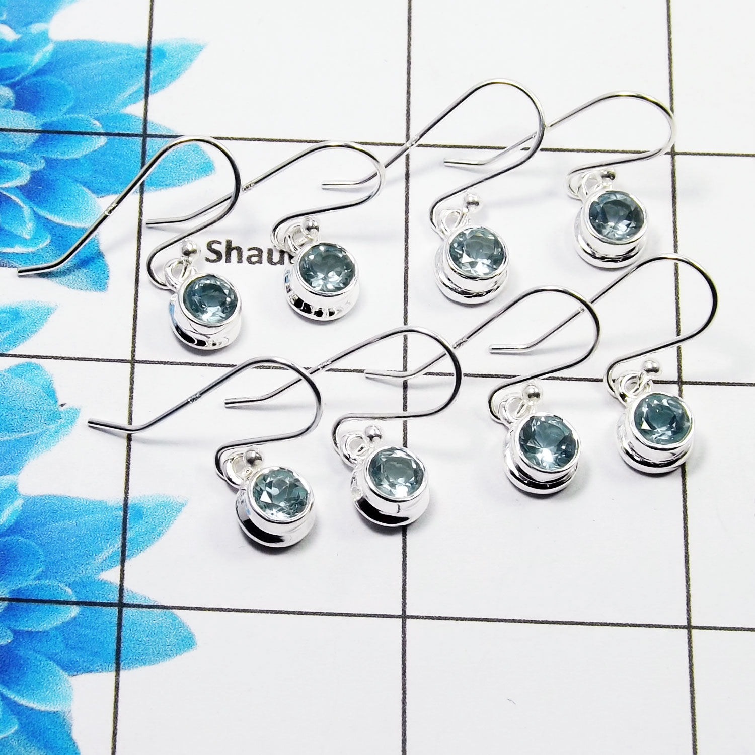 4Pair Blue Topaz Cut Earring G - BVE998 Round Solid 925 Sterling Silver Earring Lot